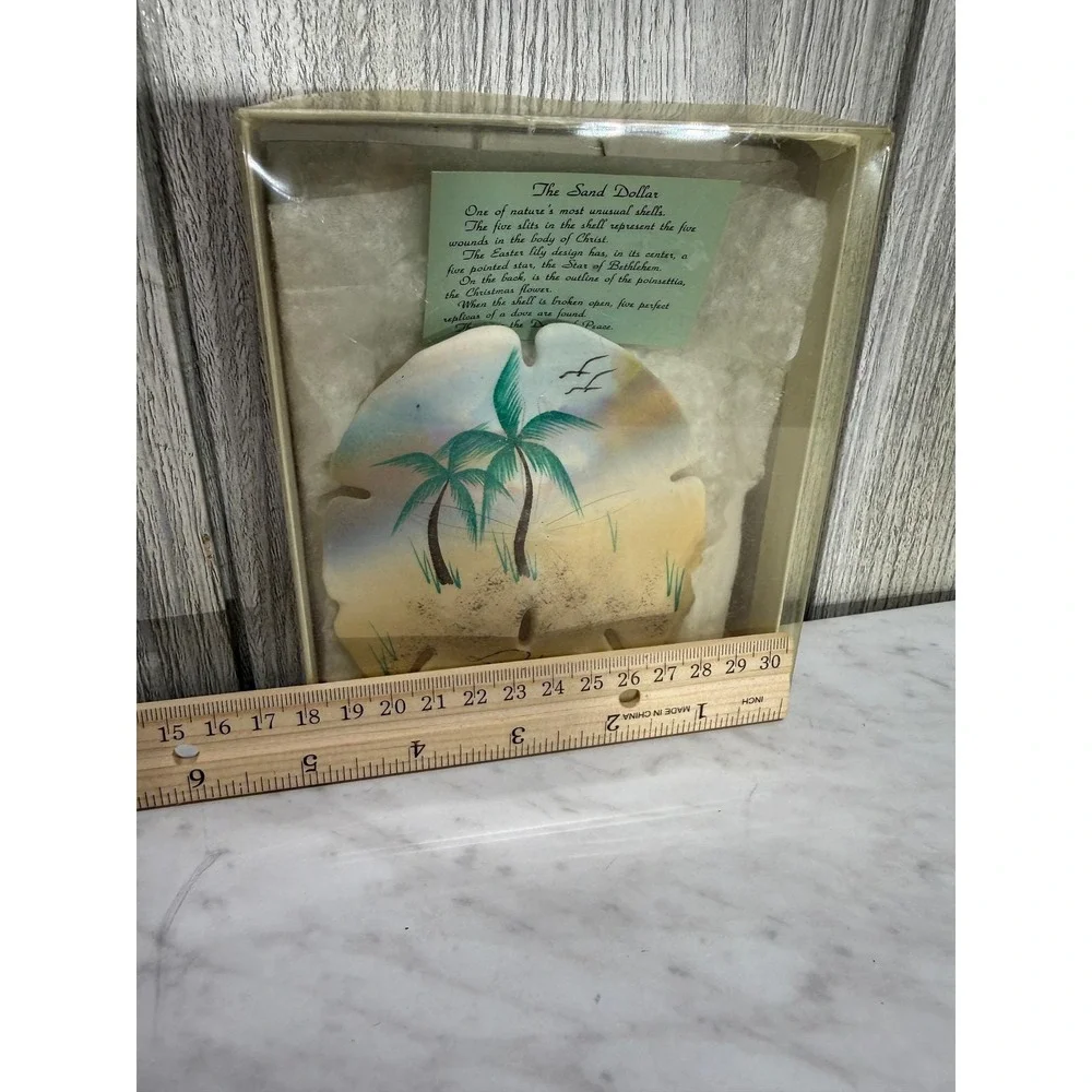 Vintage Hand Painted Florida Sand Dollar Beach Art Palm Trees Shadow Box Frame